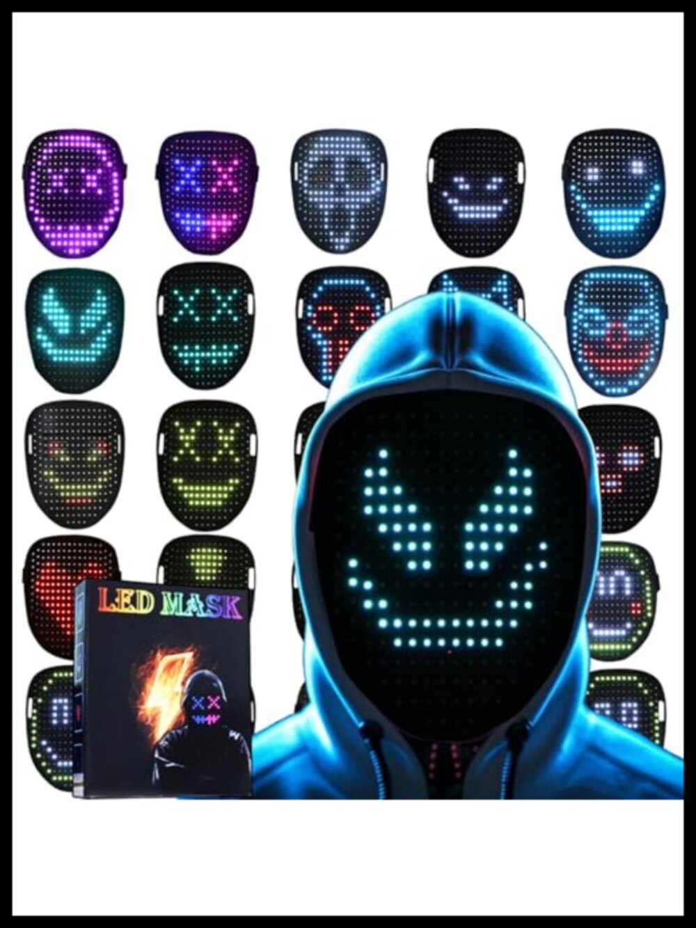 LED Light Up Mask Gesture Sensing 50 Patterns USB-C Rechargeable Costume